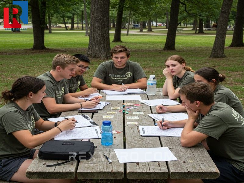 a-diverse-group-of-camp-counselors-and-older-teenagers-sitting-together-around-a-picnic-table-actively-planning-the-next-days-schedule-of-engaging-camp-activities-showi