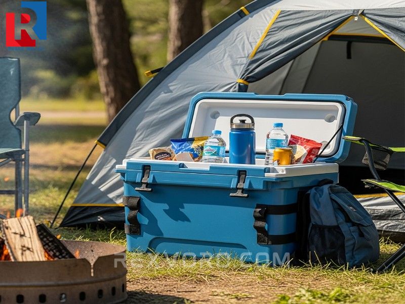 a-durable-blue-camping-cooler-used-at-a-family-campsite-demonstrating-the-best-coolers-for-camping-and-outdoor-trips