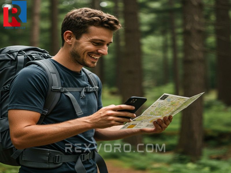a-friendly-backpacker-smiling-while-consulting-a-detailed-map-application-on-their-smartphone-with-a-dense-forest-background
