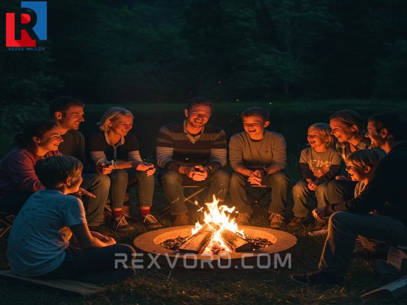 A family enjoying fun campfire games for families under the night sky