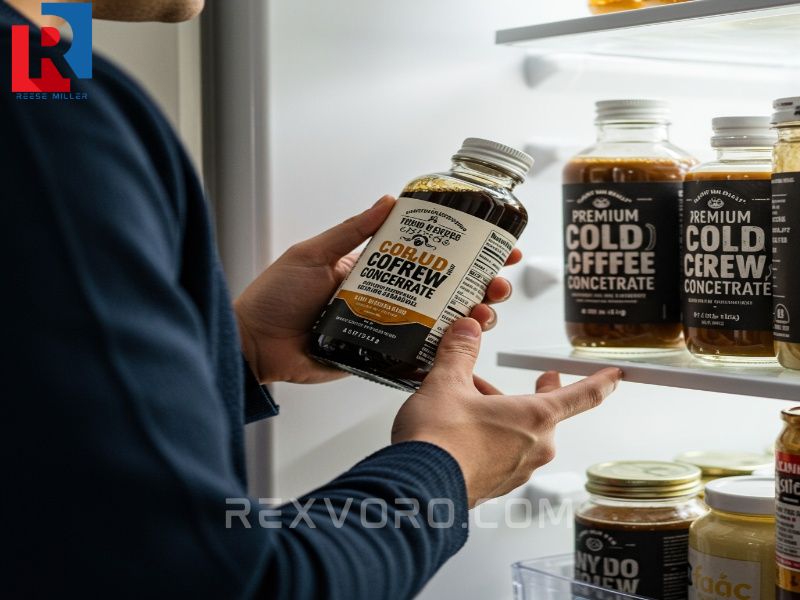 a-person-inspects-the-nutritional-label-and-expiration-date-of-a-cold-brew-concentrate-bottle-at-an-open-fridge