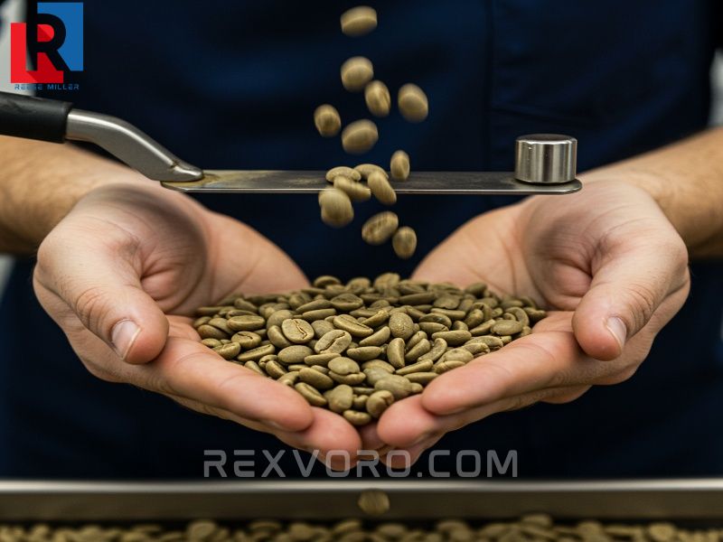 a-roaster-in-a-lab-inspects-high-detail-green-coffee-beans-emphasizing-quality