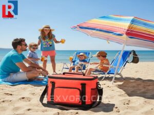 a-rugged-brightly-colored-best-beach-cooler-bag-positioned-on-hot-sand-illustrating-essential-gear-for-managing-high-temperatures-during-a-family-beach-outing