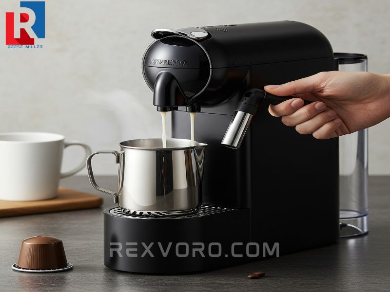 a-sleek-black-espresso-pod-machines-automatic-steam-wand-froths-milk-in-a-stainless-steel-pitcher
