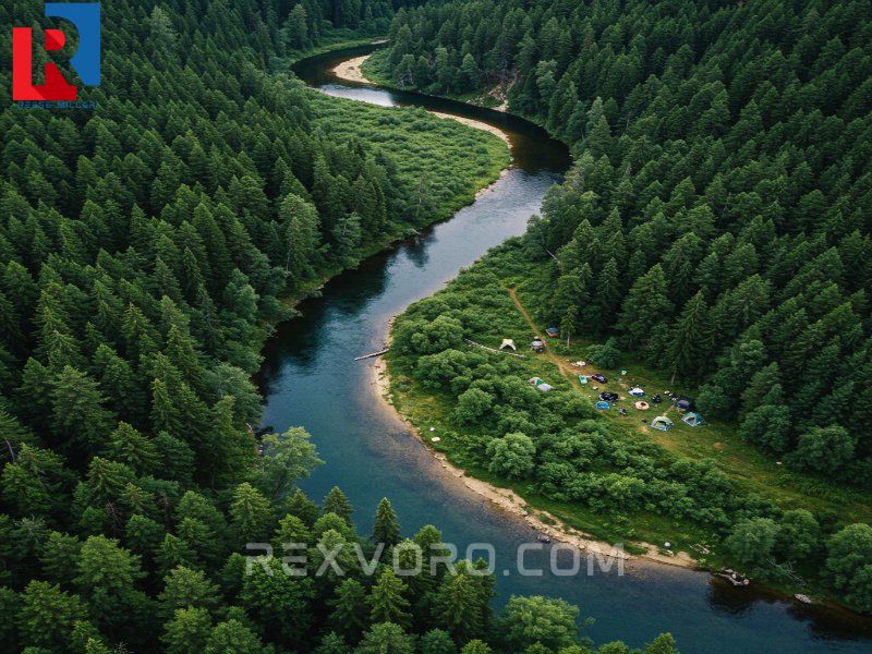 aerial-view-of-a-winding-river-flowing-through-a-lush-forest-showing-remote-campsites
