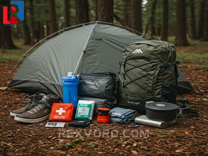 backpack-and-tent-with-essential-gear-organized-for-an-overnight-trip-filter-headlamp-first-aid-kit
