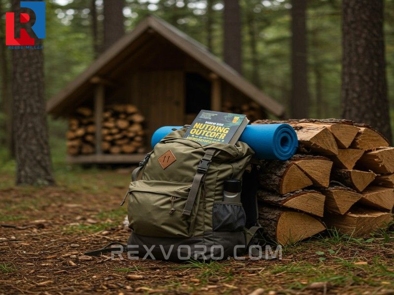 backpack-with-a-book-against-firewood-outside-a-rustic-cabin