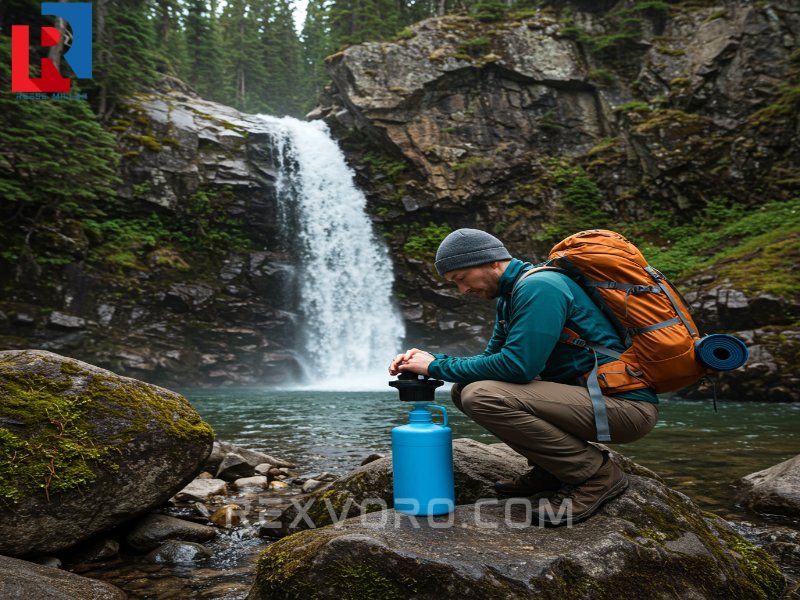 backpacker-filtering-stream-water-near-an-alpine-waterfall