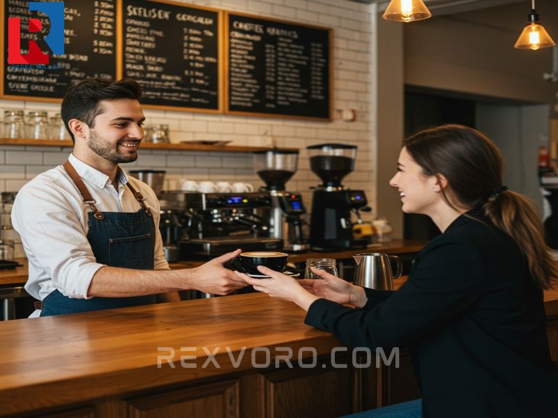 barista-hands-a-cappuccino-to-a-customer-across-a-wooden-coffee-bar