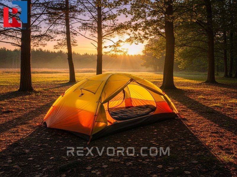bright-dome-tent-pitched-in-a-forest-clearing-at-sunset