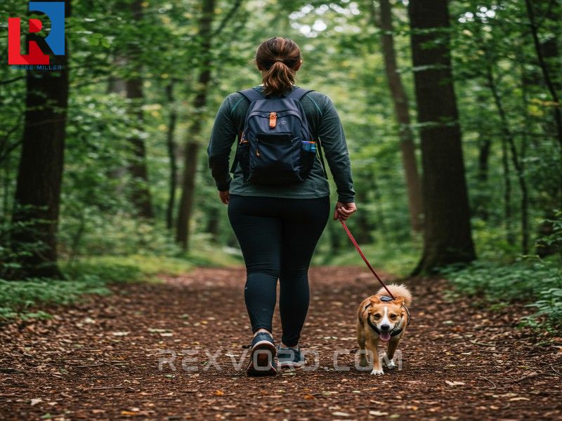 brisk-walk-on-a-wooded-trail-with-a-dog-on-a-leash