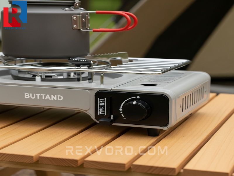 butane-camping-stove-with-a-kettle-on-a-wooden-picnic-table