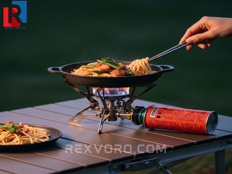 camp-meal-cooking-on-a-portable-butane-stove-at-dusk