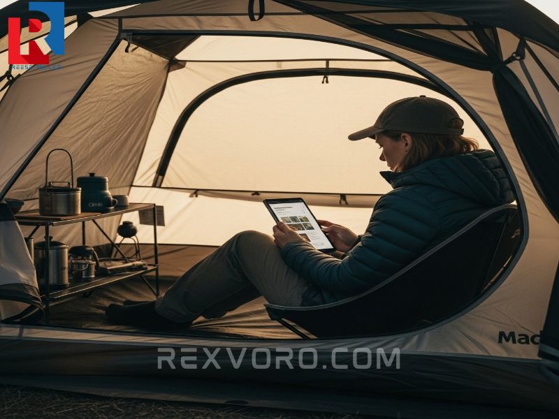 camper-analyzing-detailed-tent-reviews-on-a-tablet-inside-a-quality-well-organized-heavy-duty-camping-tent