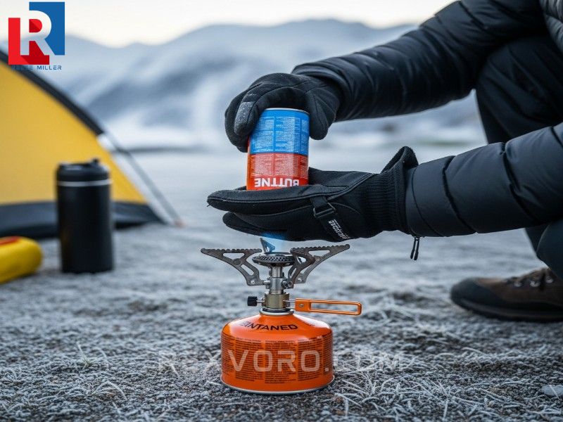 camper-warming-a-butane-canister-in-a-glove-on-a-frosty-morning-before-using-a-portable-gas-stove