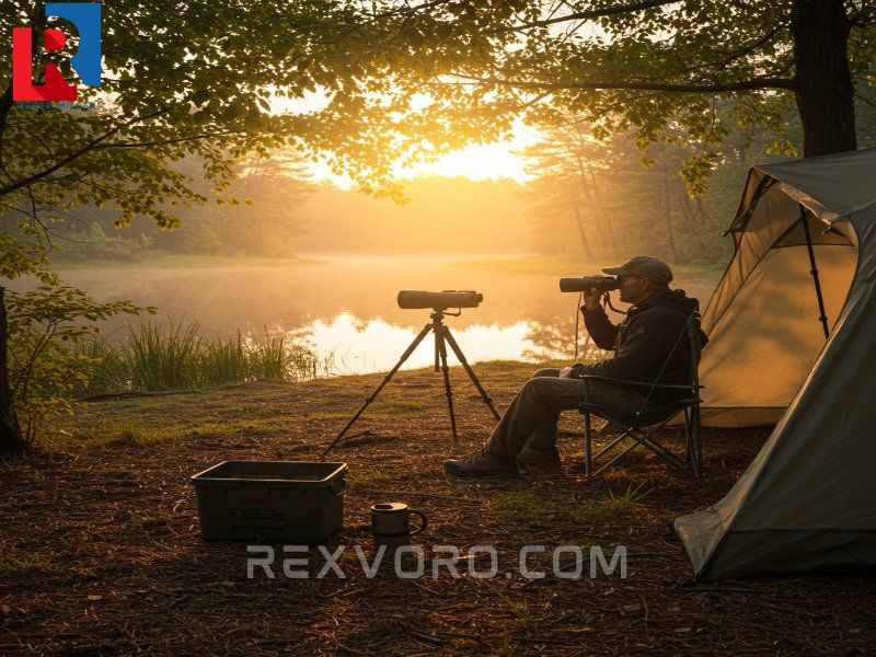 camper-with-binoculars-scans-a-calm-lake-for-otters-at-a-golden-sunrise-campsite