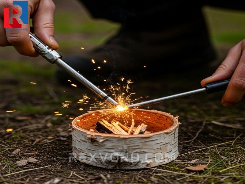 chispa-de-varilla-de-ferrocerio-golpea-el-nido-de-yesca-de-corteza-de-abedul-para-encender-fuego
