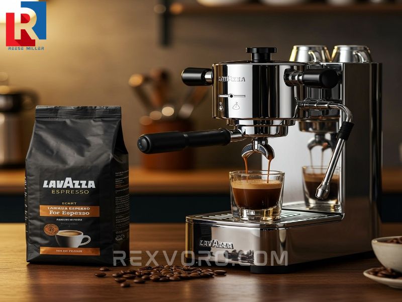 chrome-espresso-machine-pulling-a-shot-next-to-a-bag-of-lavazza-coffee-beans