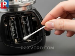 cleaning-corroded-battery-contacts-on-a-reliable-battery-lantern-lights-unit-using-a-cotton-swab-and-vinegar