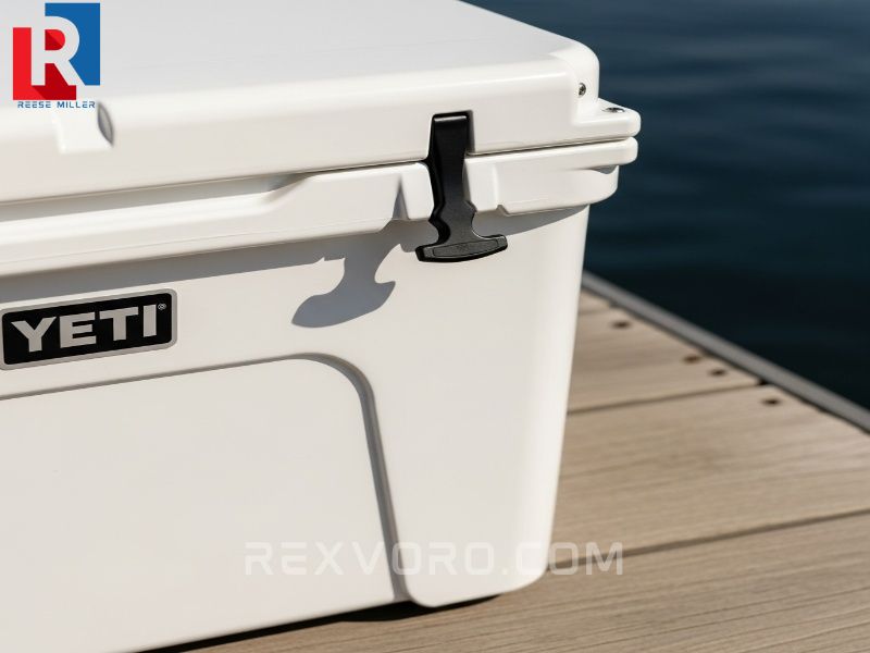 close-up-de-un-cooler-yeti-tundra-45-blanco-en-un-muelle-mostrando-los-cierres-t-rex