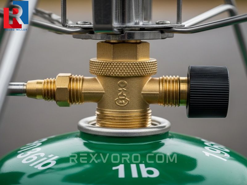 close-up-of-a-brass-regulator-attached-to-a-green-1lb-propane-canister-for-a-gas-cooker