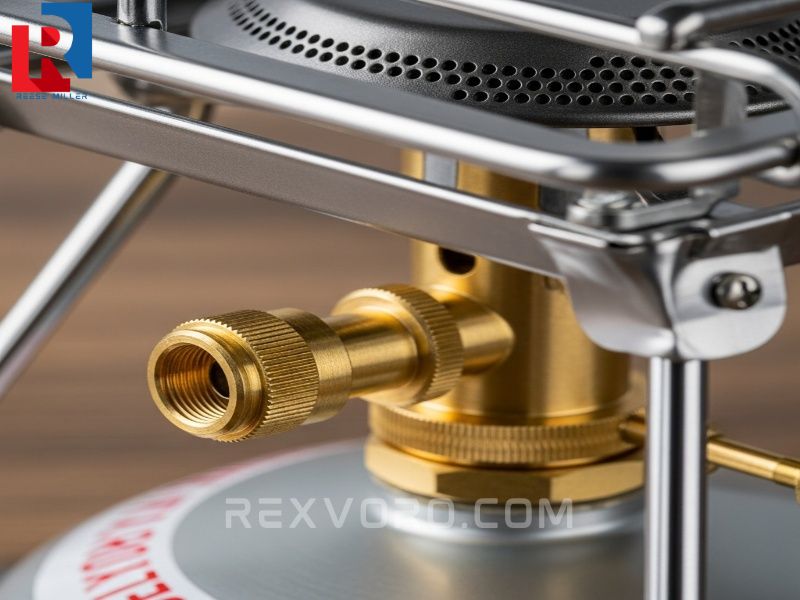 close-up-of-a-brass-regulator-connection-on-a-durable-2-burner-propane-camp-stove
