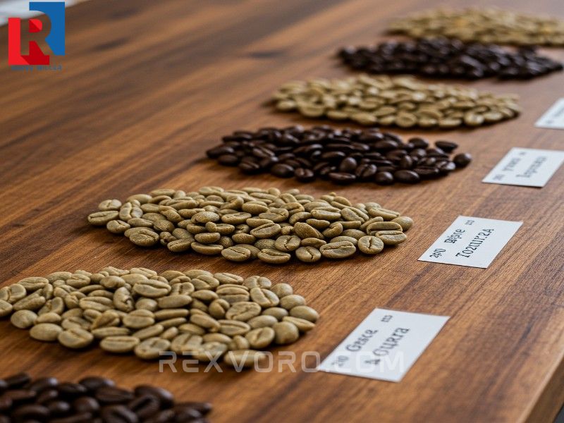 close-up-of-labeled-green-coffee-bean-varietals-on-a-wooden-table