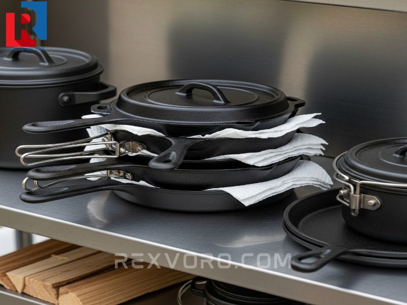 cocina-de-campamento-organizada-con-sartenes-y-ollas-de-hierro-fundido-apiladas-separadas-por-toallas-de-papel