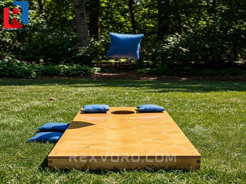 custom-wooden-cornhole-board-with-a-perfect-beanbag-toss-mid-air