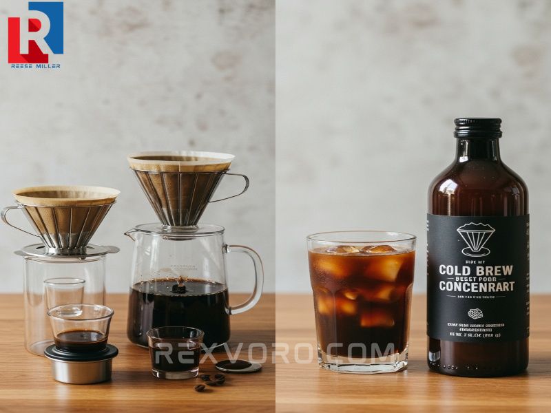 diy-cold-brew-setup-pitcher-grinder-vs-store-bought-concentrate-bottle-with-a-glass-of-iced-coffee