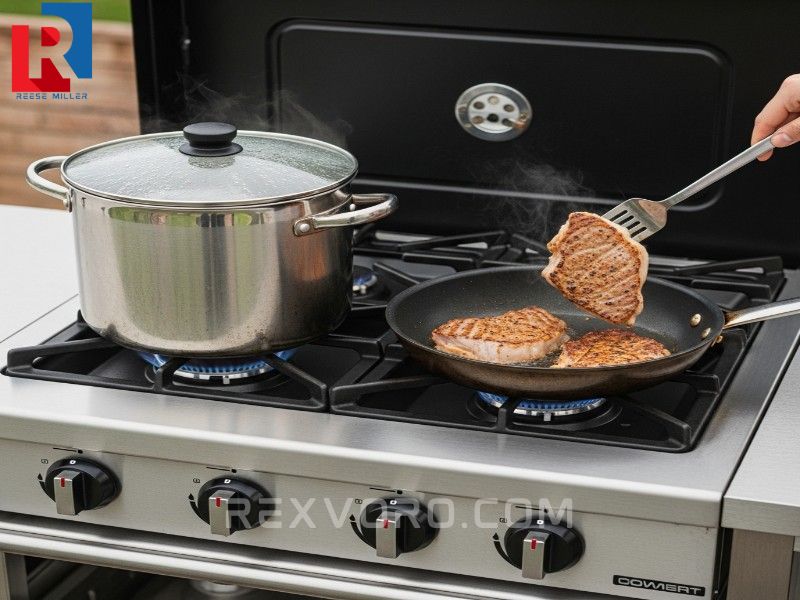 dwa-palniki-propanowe-gotuja-jednoczesnie-garnek-z-woda-i-patelnia-smazaca-rybe-lub-stek