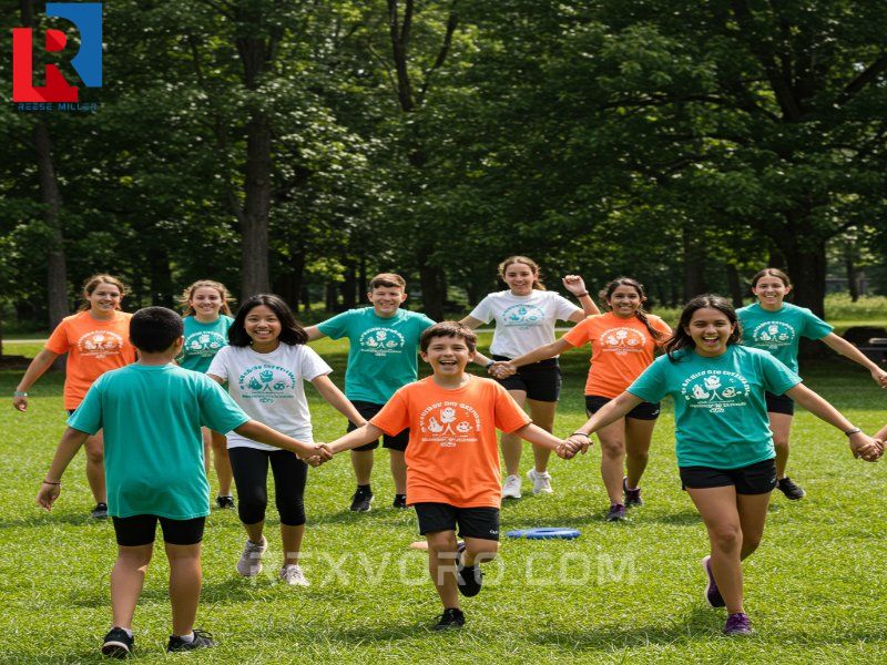 enthusiastic-children-in-camp-shirts-playing-a-teamwork-game-outdoors-holding-hands-and-laughing