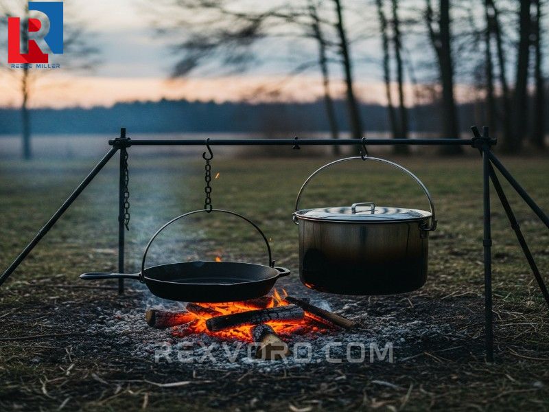 essential-components-of-a-campfire-cooking-kit-featuring-a-rugged-stainless-steel-campfire-pot-and-a-cast-iron-skillet-suspended-over-a-fire