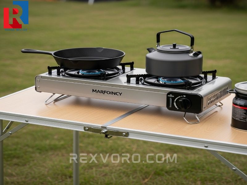 estufa-de-camping-compacta-de-propano-de-dos-quemadores-con-sarten-de-hierro-fundido-y-tetera