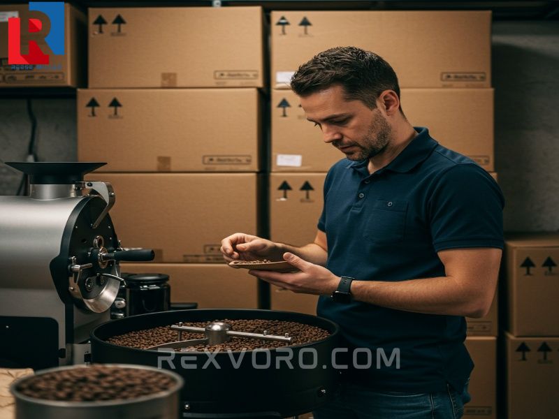 experto-examinando-granos-de-cafe-recien-tostados-con-cajas-de-envio-apiladas-en-el-fondo