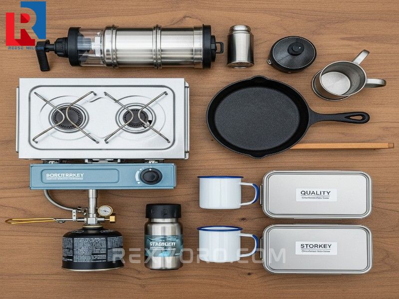flat-lay-of-essential-camp-kitchen-gear-propane-stove-cast-iron-pan-water-filter-mugs-and-food-storage
