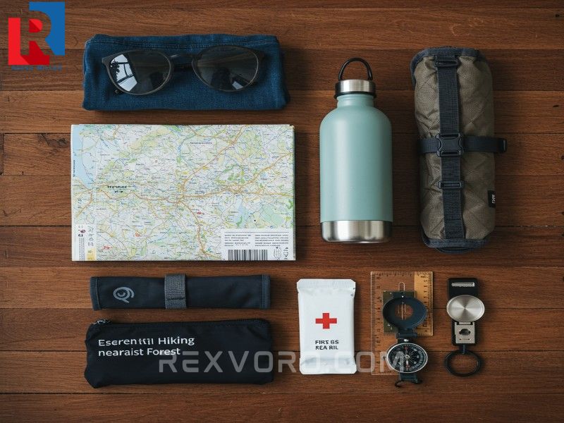 flat-lay-of-essential-hiking-gear-map-compass-water-bottle-and-first-aid-kit-on-a-wooden-table