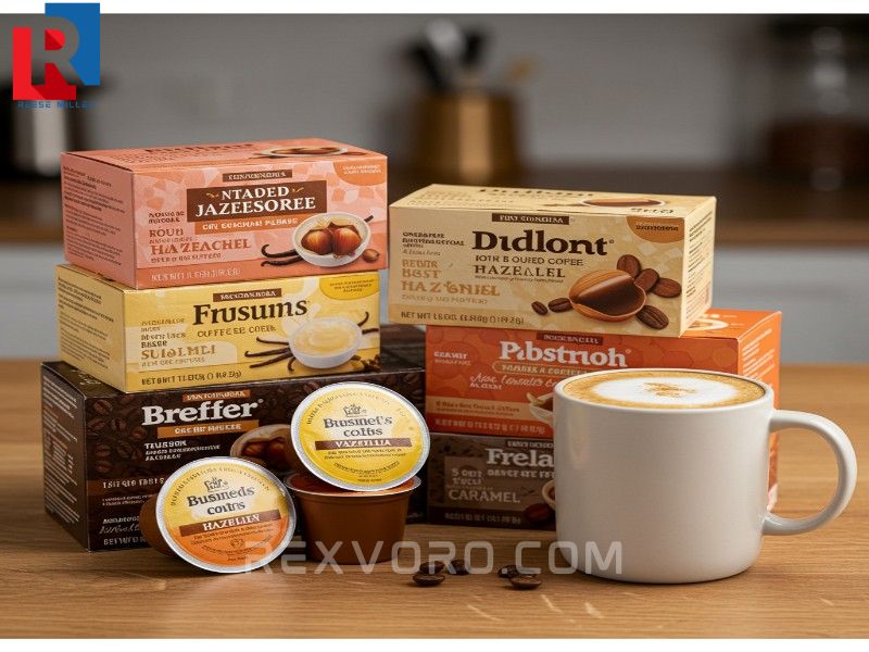 flavored-coffee-pods-vanilla-hazelnut-caramel-and-a-mug-of-foamy-coffee