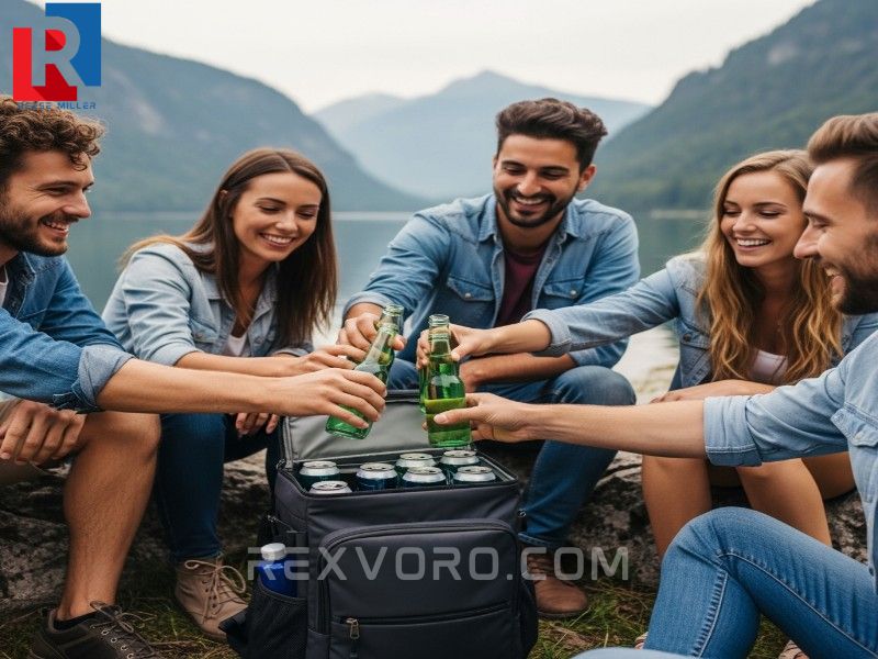 friends-enjoying-cold-drinks-from-their-reliable-best-backpack-cooler-while-relaxing-lakeside