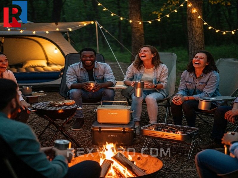 friends-laughing-around-a-campfire-at-dusk-lit-by-string-lights