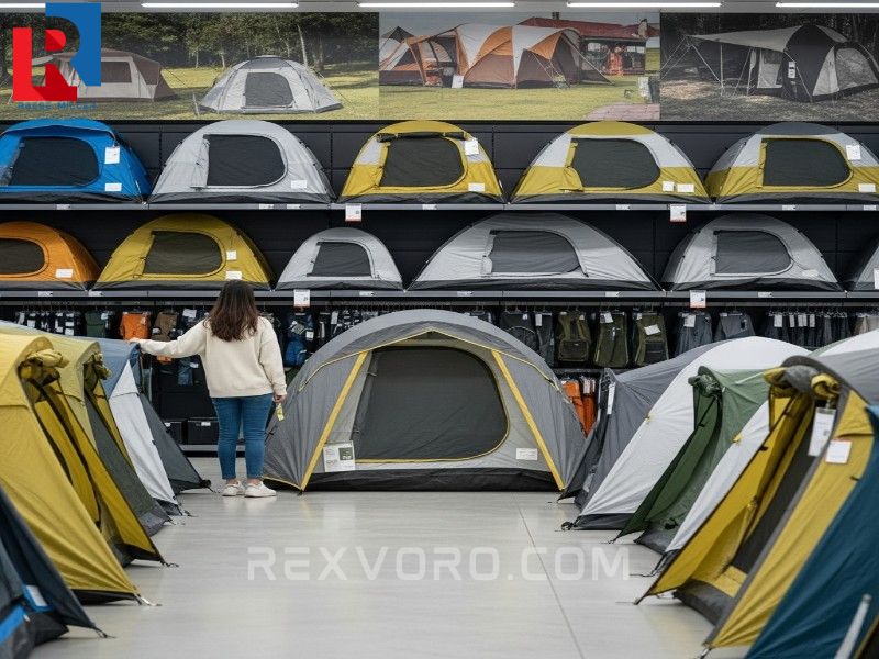 gran-seleccion-de-tiendas-de-campana-con-descuento-en-una-tienda-minorista-al-aire-libre