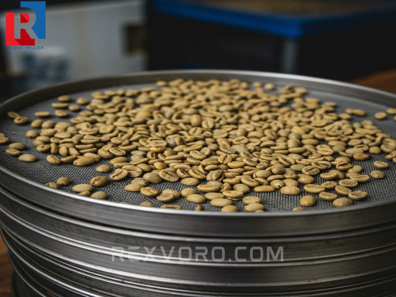 green-coffee-beans-being-sorted-by-size-on-stacked-metal-sieves