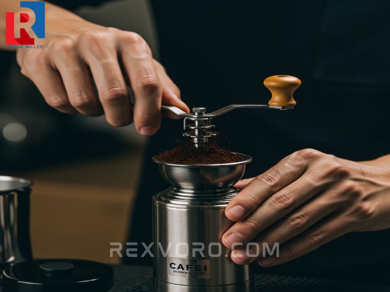 hands-operate-a-manual-burr-grinder-producing-extra-coarse-coffee-grounds-ideal-for-cold-brew