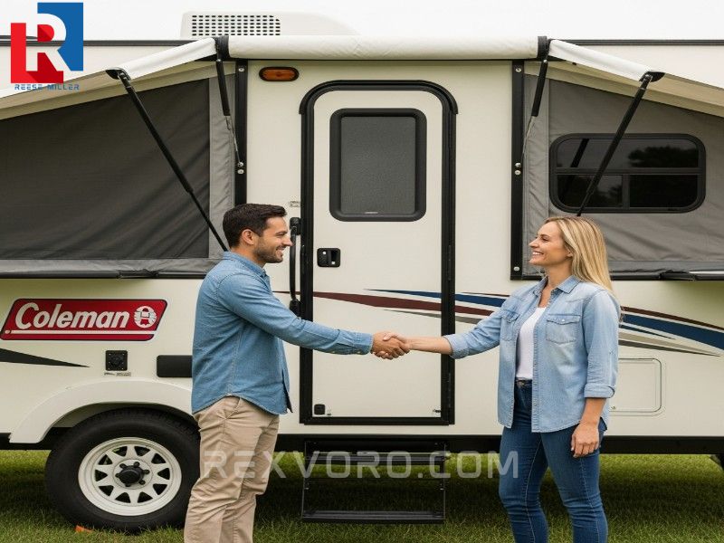 happy-couple-shakes-hands-with-seller-next-to-their-newly-purchased-coleman-tent-camper
