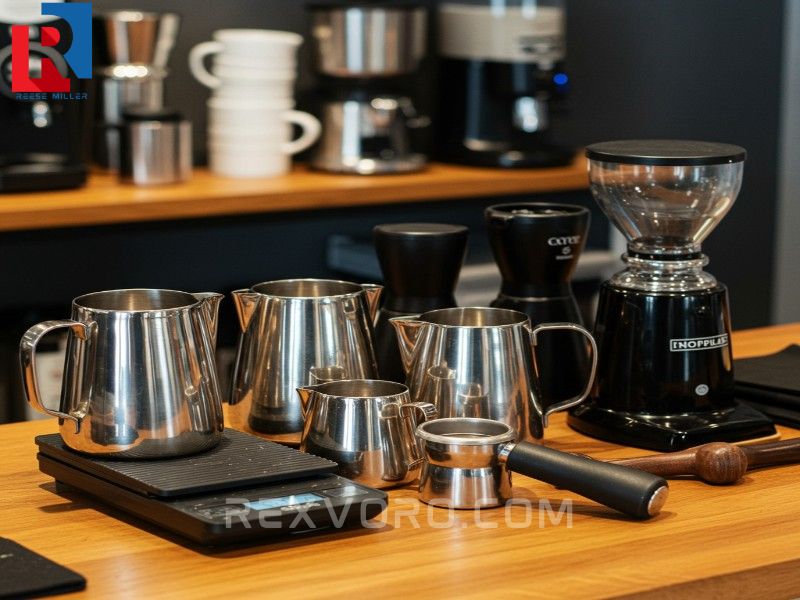 herramientas-de-barista-profesionales-bascula-jarras-de-leche-tampers-y-knock-box-sobre-mostrador-de-madera