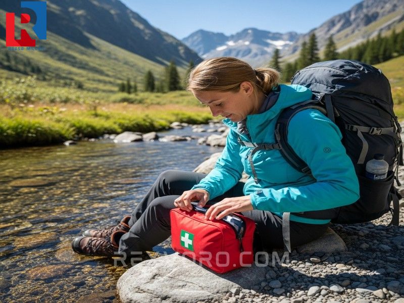 hiker-checking-the-essential-contents-of-the-best-backpacking-first-aid-kit-on-a-remote-trail