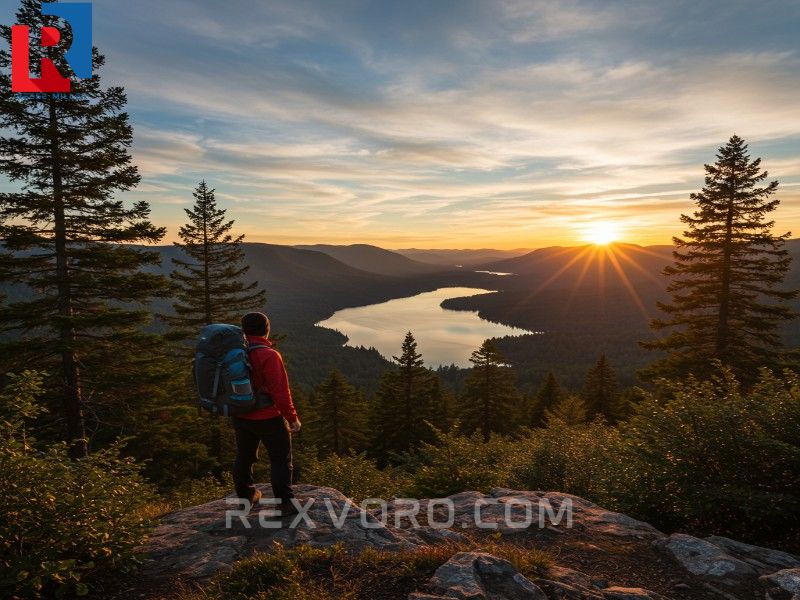 hiker-on-a-vista-point-overlooking-a-forested-valley-and-lake-during-sunset
