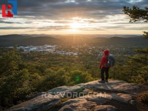 hiker-pauses-on-a-rocky-outcrop-overlooking-a-suburban-forest-landscape