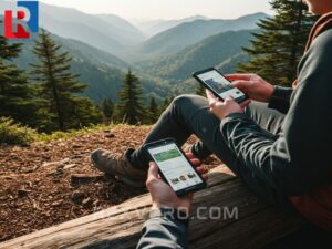 hiker-sitting-on-a-log-logging-a-completed-hike-route-on-a-mobile-app