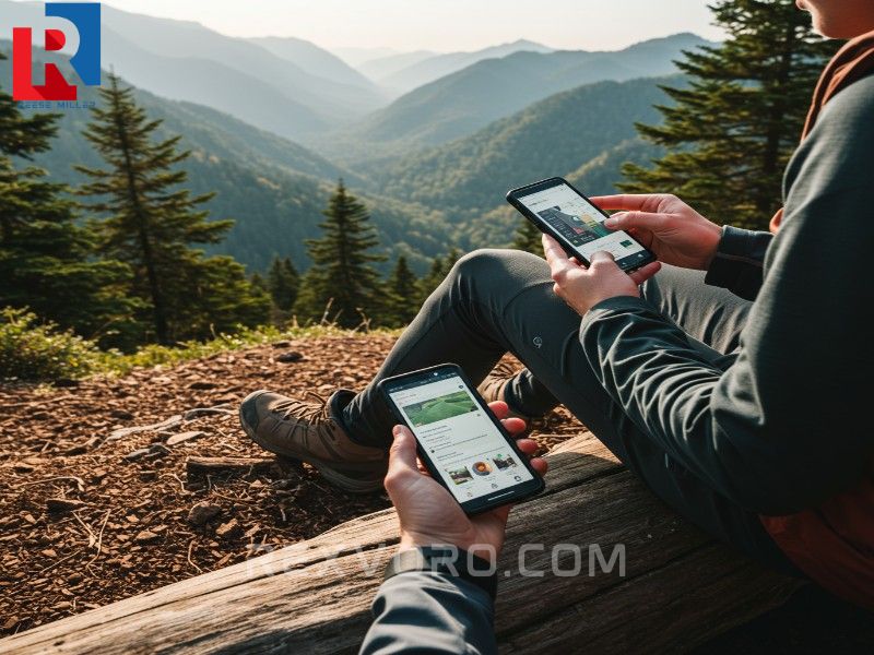 hiker-sitting-on-a-log-logging-a-completed-hike-route-on-a-mobile-app